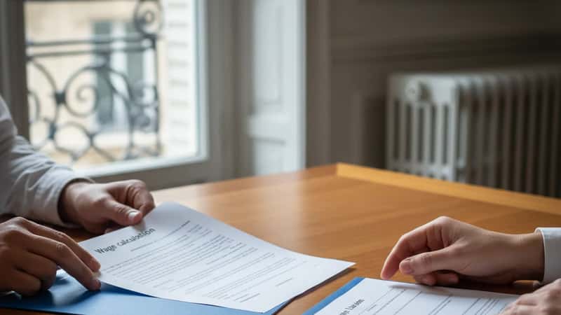 Bemanningsanställd granskar löneberäkning och avtalsdokument vid ett skrivbord i Sverige – detalj av händer som jämför arbetsrättslig dokumentation