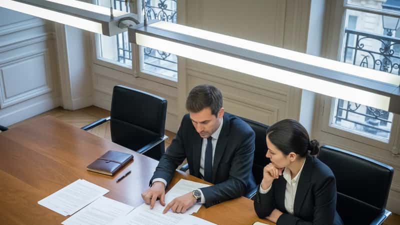 Two professionals at Wyoming law office conference table reviewing non-compete documents, one gesturing at clause, overhead fluorescent light