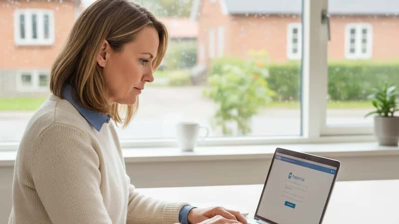 Kvinde i Vejle logger ind på pensionsportal på laptop ved hjemmekontor