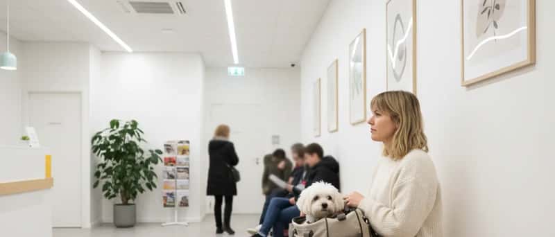 Kvinna med hund i väntrum på ett skandinaviskt djursjukhus