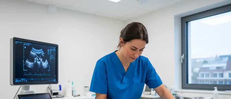 Veterinär undersöker en katt med ultraljud på Albano Djursjukhus i Danderyd