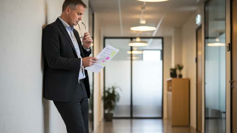 En dansk kvindelig embedsmand i et statsligt kontormiljø i Odense gennemgår overenskomstdokumenter i sent eftermiddagslys