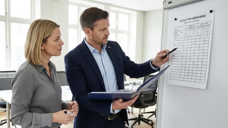 To danske HR-professionelle i et statsligt mødelokale i Aalborg gennemgår lønoplysninger i et overenskomstbilag