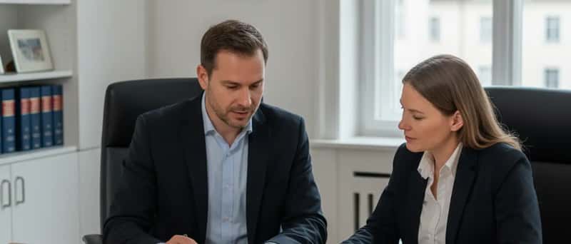 Steuerberater prüft Finanzdokumente mit einem Mandanten an einem Schreibtisch in einem deutschen Büro