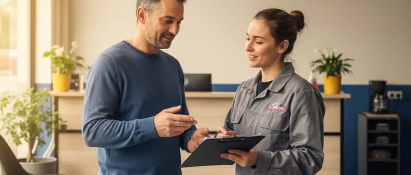Client et mécanicien examinant un devis de réparation dans l'accueil d'un garage automobile