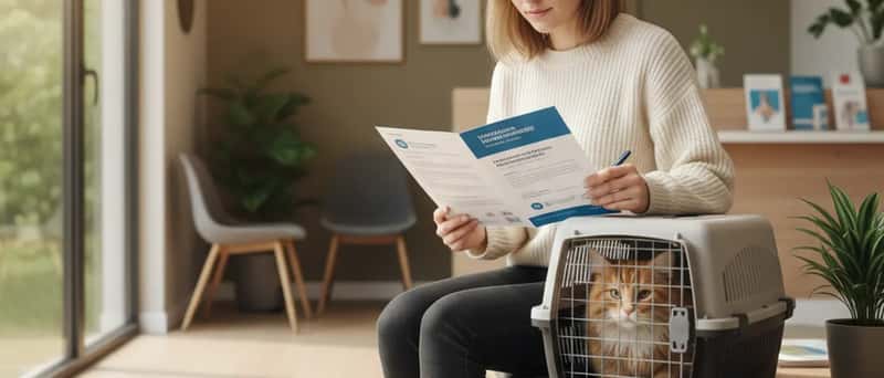 Pet owner reviewing insurance paperwork in a veterinary clinic waiting room with a cat carrier
