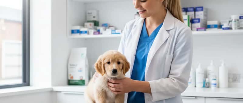Veterinary nurse weighing a puppy on a digital scale in a British veterinary practice