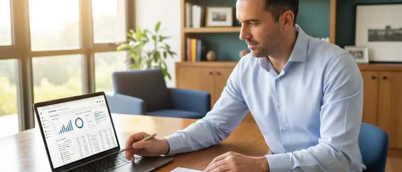 Empresário português a comparar opções de software de contabilidade e contrato de contabilista no portátil