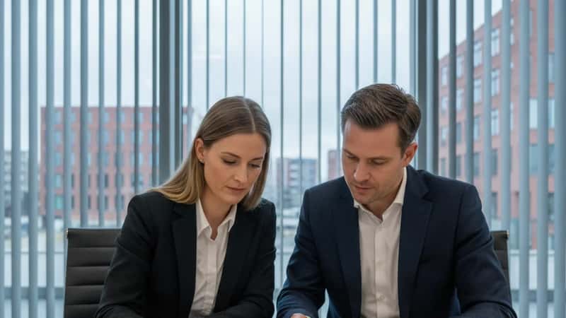 Twee Nederlandse professionals bekijken samen een WOR-document in een modern Rotterdams juridisch kantoor