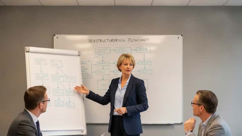 Nederlandse HR-manager presenteert reorganisatieplan op whiteboard aan OR-leden in Eindhoven kantoor