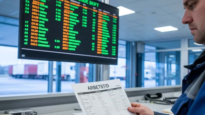 Transportarbetares händer håller arbetstidsschema vid skiftdesk i Uppsala terminal med skiftschemaetavla synlig i bakgrunden