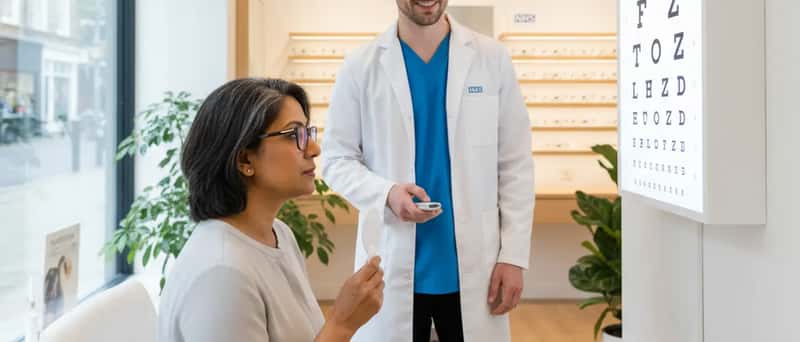 Patient reading an eye test chart during a sight test at a British high-street optician