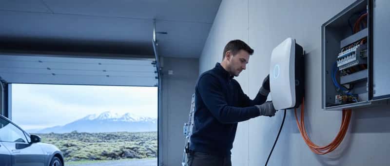 Rafvirki setur upp hleðslustöð fyrir rafbíl í íslenskri bílgeymslu með kapla og rafmagnstöflu í bakgrunni