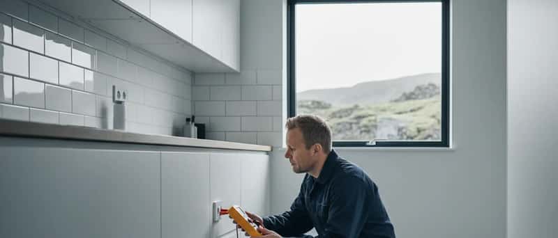 Rafvirki prófar innstungu með mælitæki í nútímalegu íslensku eldhúsi