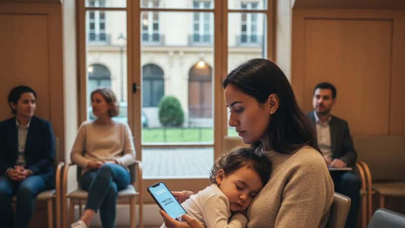 Working mother in Denver medical clinic waiting room with child, reviewing paid sick leave notification on smartphone, candid moment of protected leave usage