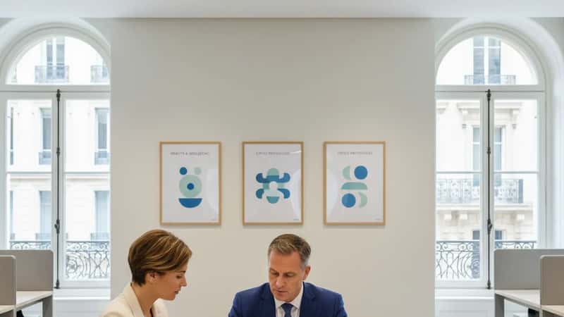 HR manager in Lakewood Colorado office explaining HFWA sick leave policy documents to a new employee at a conference table, informational posters on wall
