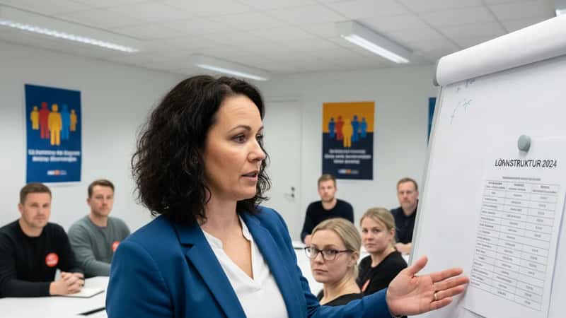 Tillitsvalgt i Trondheim forklarer lønnssatser for kolleger i et møterom