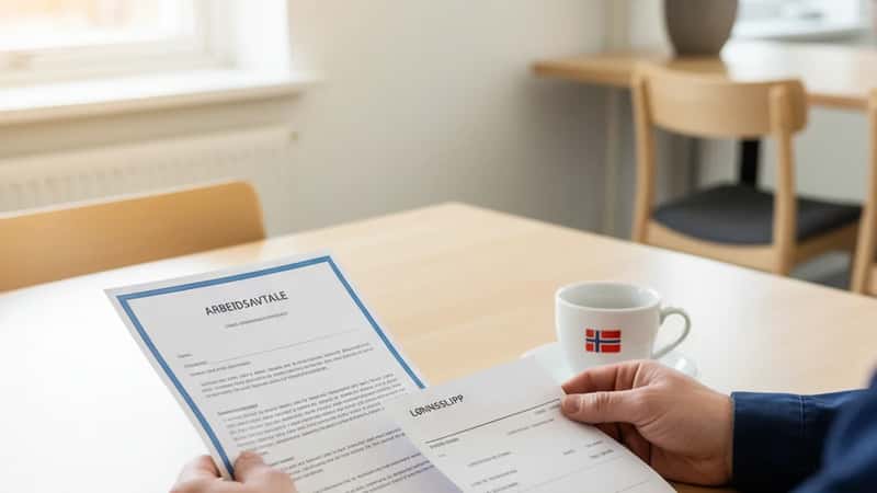 Arbeider i Stavanger sammenligner arbeidskontrakt og lønnsslipp på et kantinebord