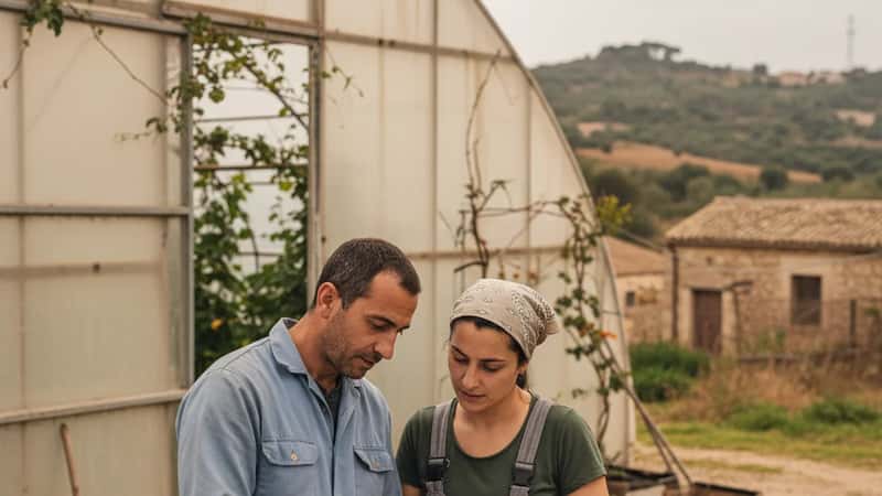 Due lavoratori stagionali italiani in Sicilia controllano un orario di lavoro su un blocco note fuori da una serra, atmosfera di collaborazione informale