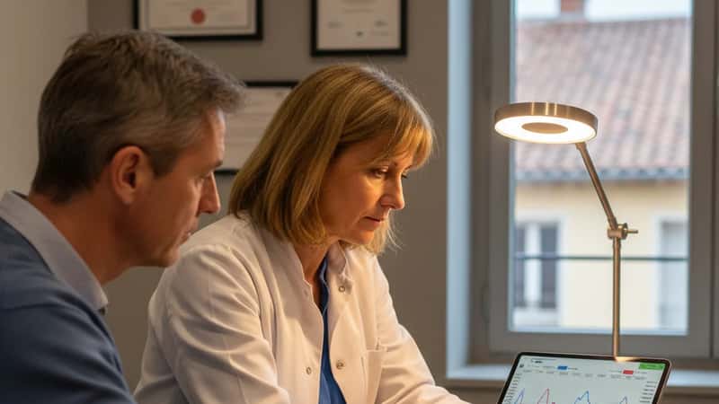 Endocrinologue au CHU de Toulouse consultant un patient sur un écran de suivi glycémique continu, lumière de bureau chaleureuse
