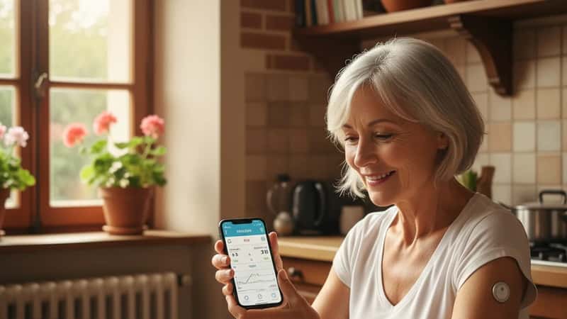 Femme française vérifiant son capteur de glucose FreeStyle Libre sur smartphone dans une cuisine ensoleillée à Toulouse, scène de vie quotidienne