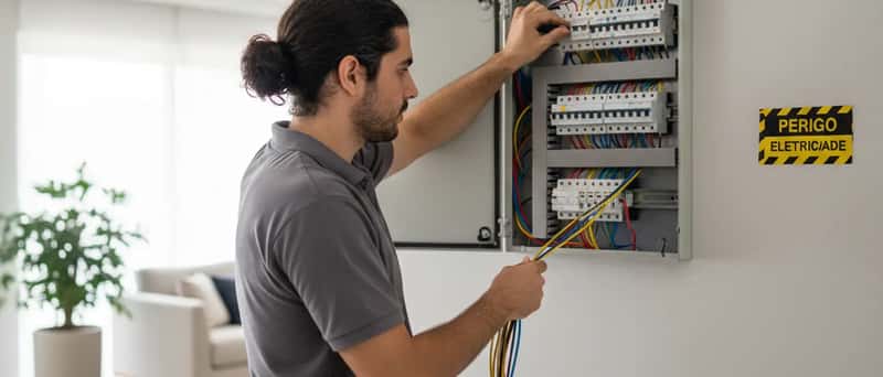 Quadro de distribuição elétrica residencial sendo instalado por eletricista certificado no Brasil