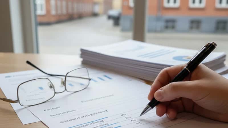 Dansk pensionsopgørelse med fremhævede bidragsprocenter på et skrivebord i Randers med briller og en pen