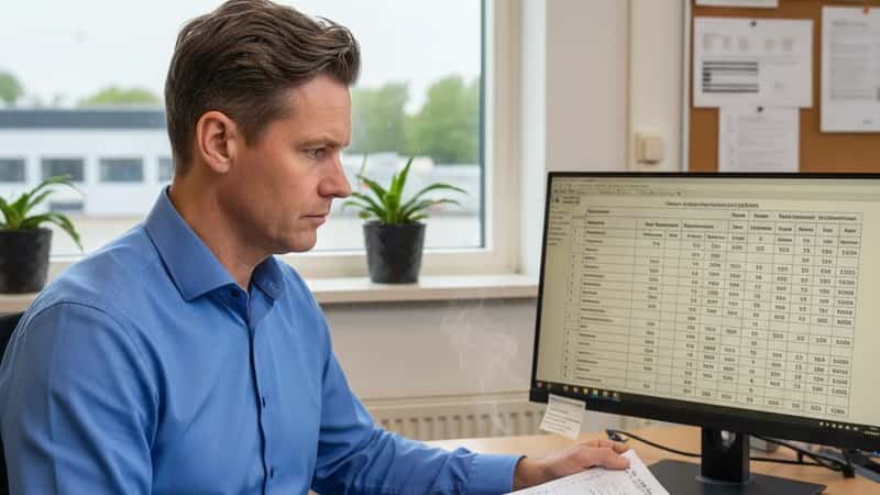 HR-chef i Silkeborg gennemgår pensionsbidragssammenligningsskema på computerskærm i administrationskontor ved fabrik