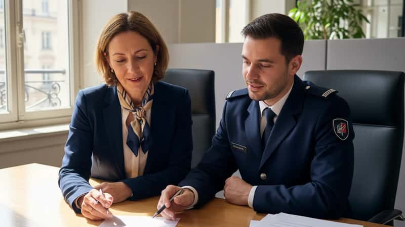 Responsable RH et agent de sécurité en uniforme révisant un contrat de convention collective dans un bureau à Lyon