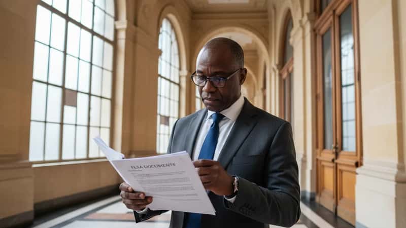 Black employment attorney reviewing FLSA documents in a Concord New Hampshire courthouse hallway in diffused daylight