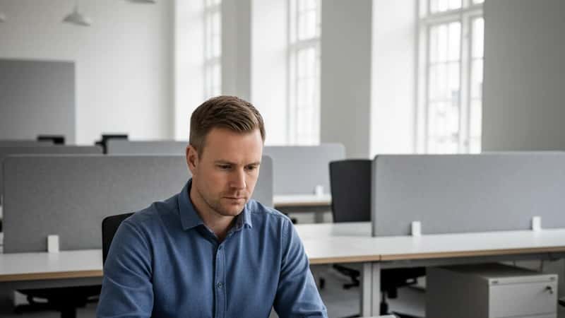 Dansk civil servant i København gennemgår sin april 2026-lønseddel på laptop i et ministeriekontor