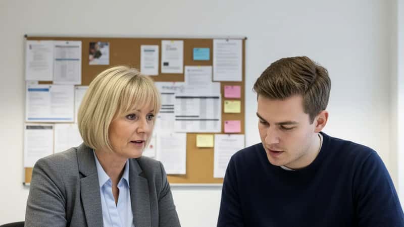 HR-chef i Odense forklarer løntabeller til kollega ved kontorbord som led i lokal løndannelse under CFU OK26