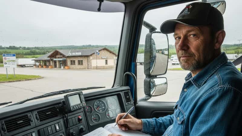 Wyoming commercial truck driver in semi cab at I-80 rest stop reviewing logbook during mandated break, overcast outdoor light through windshield