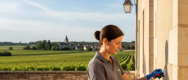 Elektriker prüft eine Wandsteckdose mit einem Multimeter in einer deutschen Wohnung