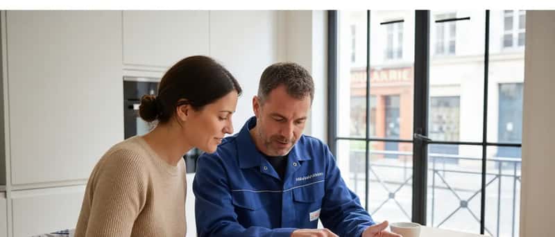 Elektromeister erklärt einer Kundin einen Installationsplan am Küchentisch