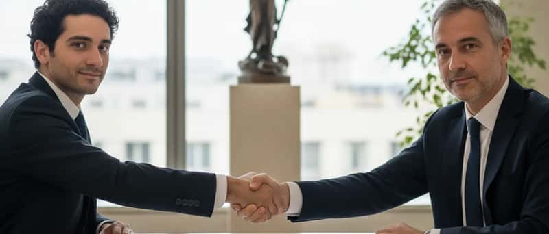 Avvocato matrimonialista che consulta una coppia nel suo studio legale a Milano