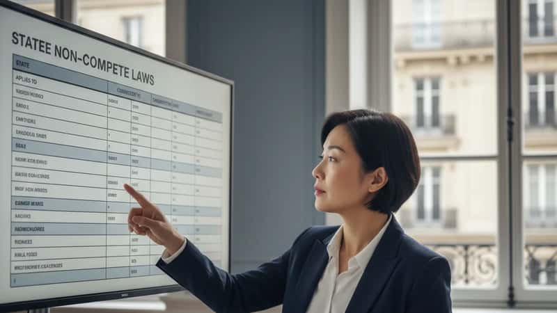 Missouri employment lawyer and client reviewing non-compete agreement comparison across multiple states in a Kansas City law office