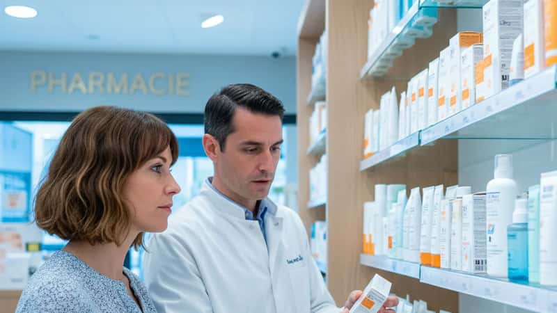 Un pharmacien conseil une cliente sur le choix d'une crème solaire adaptée dans une pharmacie de Lyon
