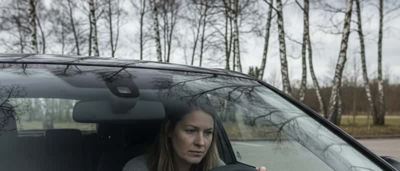 Kvinne sjekker dashbordlamper i førersetet før EU-kontroll