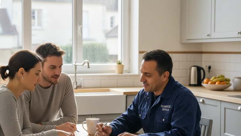 Fontanero certificado revisando un presupuesto escrito con propietarios en cocina suburbana de EE. UU.