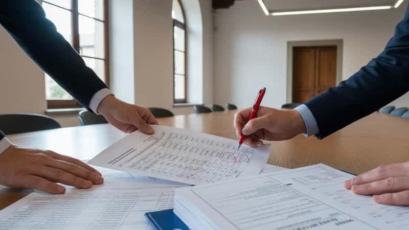 Mani italiane che annotano tabelle salariali del CCNL Terziario su un tavolo riunioni a Bologna, con contratto collettivo aperto