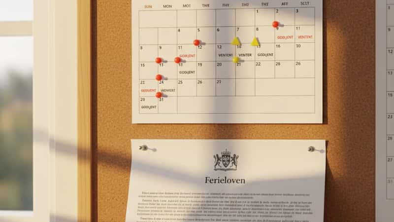 Ferieplanlegger med fargede pins og Ferieloven-utskrift i norsk hjemmekontor i Bergen