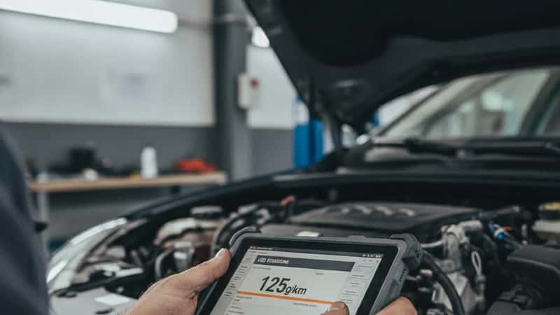 Mécanicien en atelier à Bordeaux tenant une tablette de diagnostic CO2 affichant 125g/km, moteur de voiture visible en arrière-plan sous éclairage néon