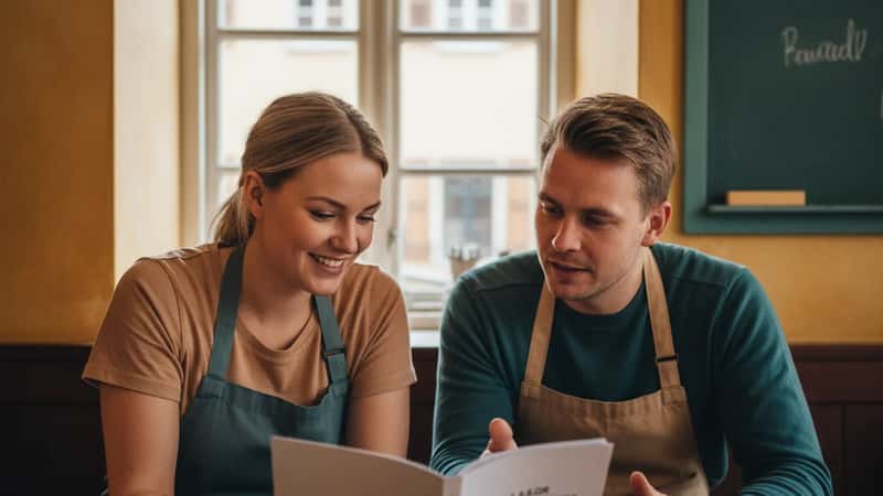 Två restauranganställda i arbetsförkläden läser igenom ett kollektivavtal tillsammans på en personalrast i Stockholm