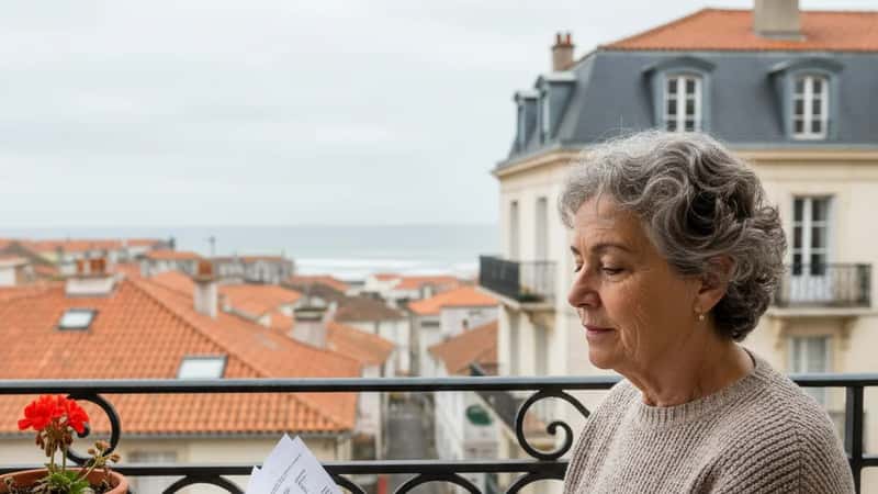 Reformada portuguesa a rever documentos de pensão na varanda em Viana do Castelo, planeando regresso de França