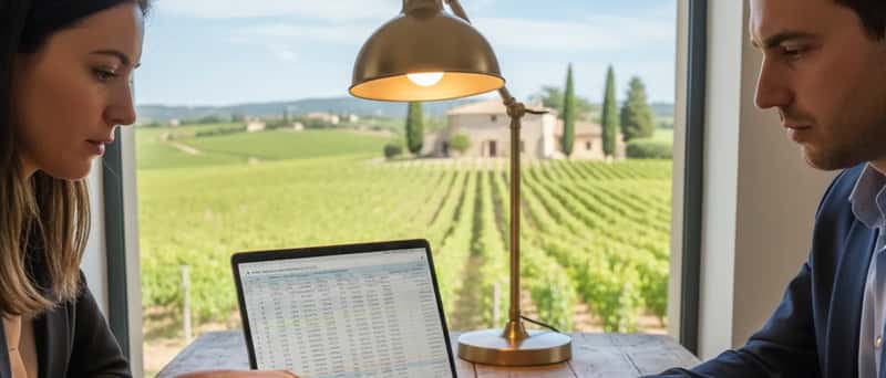 Business owner reviewing an IT service agreement alongside a laptop showing pricing details