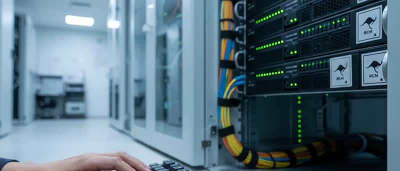 IT technician managing a server rack with neatly organised cables and green LED indicators in a small business server room