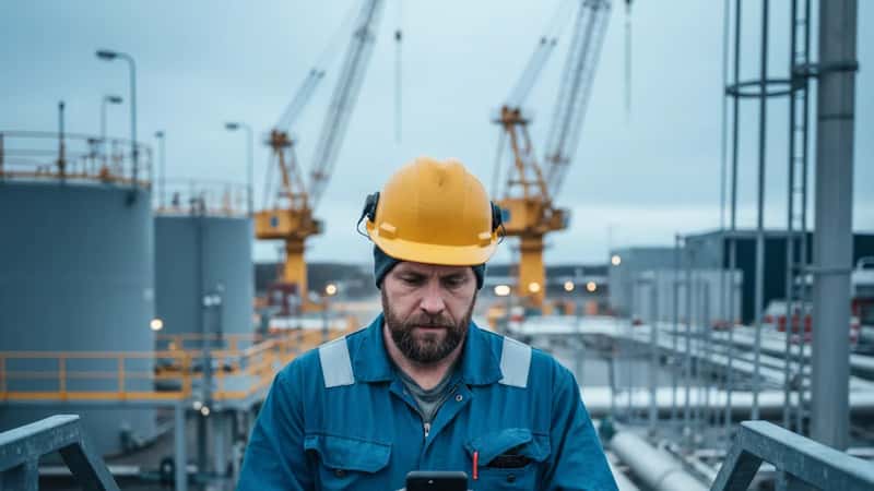 Oljeservicearbeider i Stavanger leser streikevarsling fra Forbundet Styrke på mobilen under forhandlingsbrudd OSA 357 2026