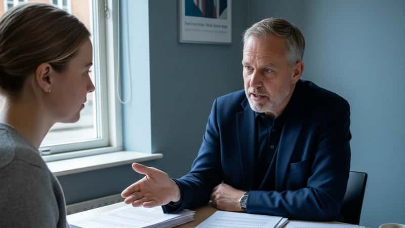 Dansk fagforeningsrepræsentant forklarer overenskomstrettigheder til statsansat kollega over dokumenter i Aalborg konsultationsrum