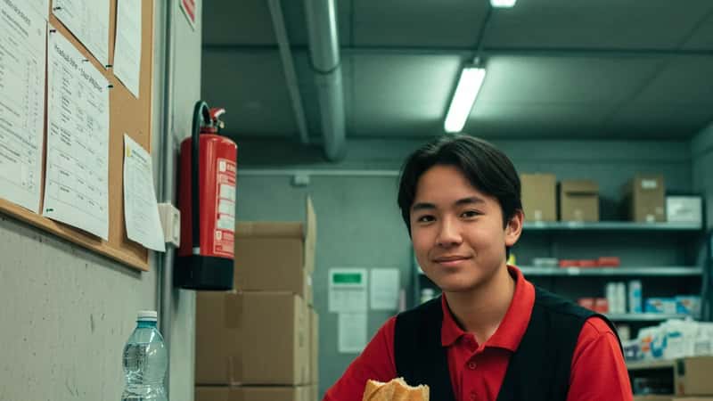 Teenage retail worker in Honolulu store backroom taking a mandated break, printed break schedule on wall, exercising legal minor break protections
